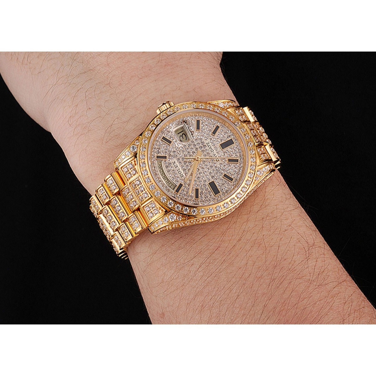 Aaa replica watch Day Gold Full Yellow Date Diamond Swiss Rolex Pave 0526